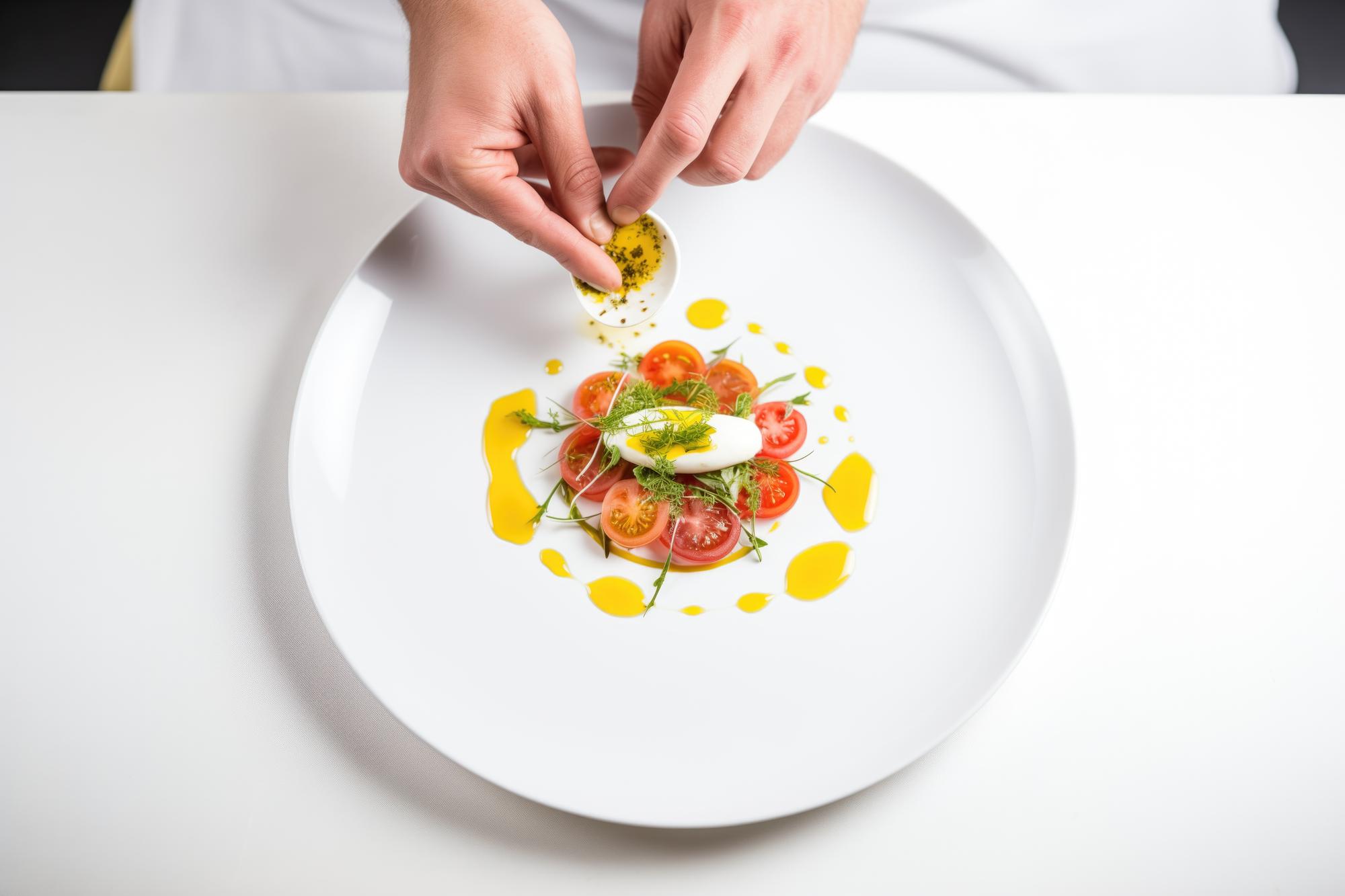 Chef preparing plated dish in modern kitchen